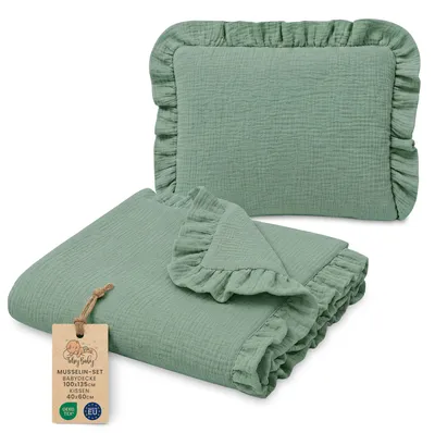 Produktbild von Musselindecke Baby Musselin Set 100x135 cm mit Kissen 40x60 cm Salbeifarbe