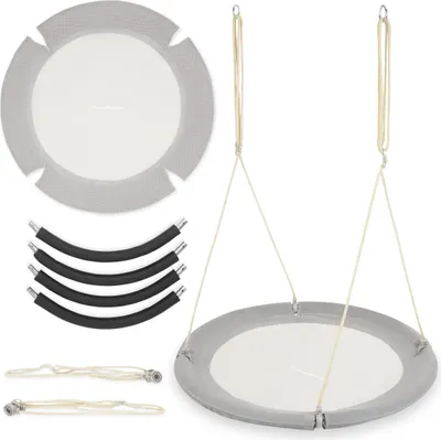 A collection of parts for a nest swing, including the swing seat, suspension ropes, and curved support pieces, laid out on a white background.