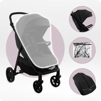 Produktbild von MoMi CLARA – Buggy ab Geburt, bis 22 kg, mit 4-Rad-Federung, Drehbügel & verstellbarem Schiebegriff, inkl. Tasche & Regenschutz – Schwarz