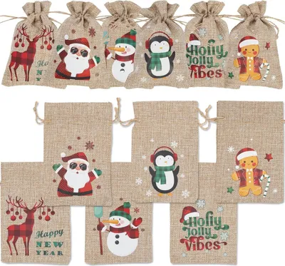 Image de 12 sacs cadeaux en jute Burlap de Noël avec cordons de serrage, petits, cadeaux de fête (Glitter