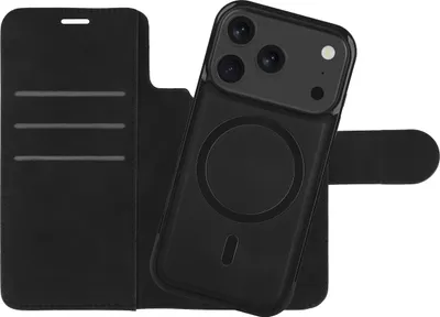 A black iPhone case with a wallet attachment is shown against a white background.
