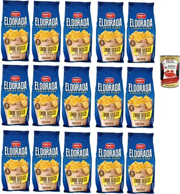 Produktbild von Amica Chips Eldorada Salzige Kartoffelchips mit Zitrone und Basilikum 15x 130g glutenfreie knusprige Kartoffel chips + Italian Gourmet poplpa 400g