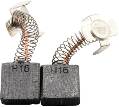 Two carbon brushes with attached springs and metal connectors, isolated on a white background.