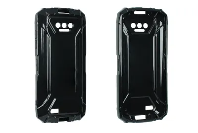 Two black phone cases are shown side-by-side against a white background.