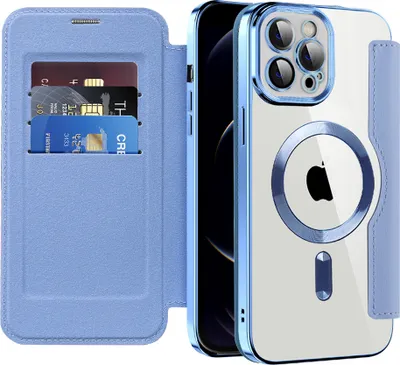 A light blue flip case for an iPhone 12 Pro, showing the card slots and the phone with its clear back case attached.
