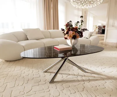 Produktbild von DELIFE Couchtisch Edge Oval 140x75 cm Keramik Emperador Extra Lucidato Dunkelbraun Sarity Edelstahl gebürstet