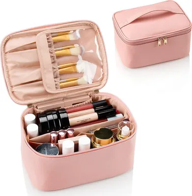 Produktbild von Kosmetiktasche Damen Groß Kulturbeutel mit Pinsel Aufbewahrung Trennwand Tragbare Wasserdicht Kulturtasche Schminktasche Makeup Bag Rosa