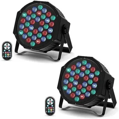Zdjęcie produktu dla Oświetlenie sceniczne LED RGB – 36 diod LED – oświetlenie imprezowe – z pilotem – oświetlenie dyskotekowe – kolorowe lampy – do headbangingu, imprez DJ-skich, barów i wytwornic dymu – 2 sztuki – czarne