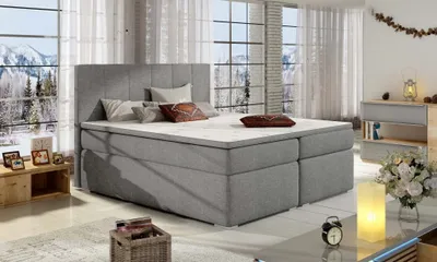 Produktbild von Boxspringbett mit Bettkasten - Bolemor (Hellgrau - Sawana 21) - 180x200 in Stoff und 5cm Topper, Bonell-Federkernmatratze, H2/H3 Härtegrad