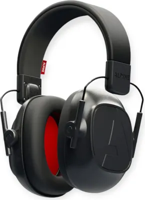 A pair of black over-ear headphones with red inner ear cups, shown against a white background.