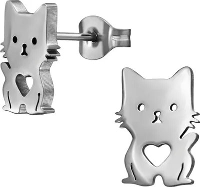 Produktbild von Ohrstecker Katze mit Herz aus Edelstahl Silber Unisize Maxte