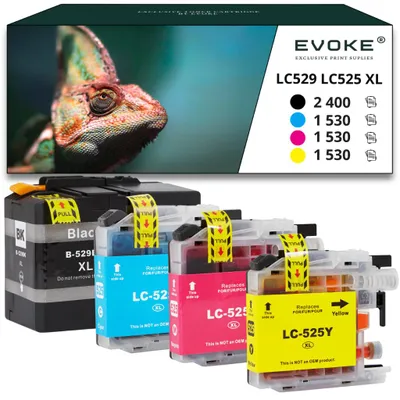 Productafbeelding van Evoke compatibele inkt voor Brother LC-529XLBK LC529XL + LC-525XL LC525XL, 4 stuks CMYK: zwart + cyaan + magenta + geel, 95 ml, geschikt voor 6990 pagina's, modellen: DCP-J100, J105; MFC-J200