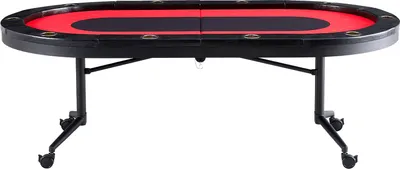 Image de SucceBuy Table de poker pliante pour 10 joueurs, table ovale de 90 pouces pour le blackjack et le Texas holdem avec rails rembourrés et porte-boissons en acier inoxydable, table de jeu de cartes de casino pliante et portable