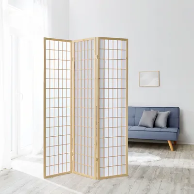 Image de 3 Panneaux Shoji Paravent Japonais Bois Naturelle Séparateur de Pièce