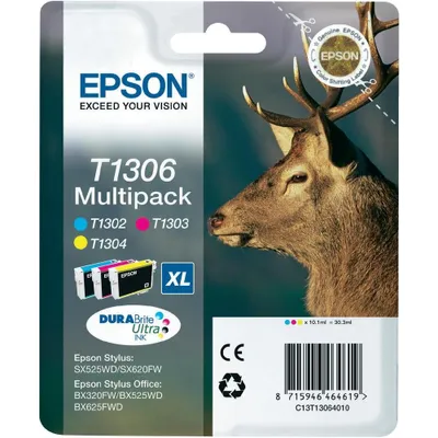 Produktbild von Epson Multipack 3 Farben T1306 DURABrite Ultra Ink, Cyan, Magenta, Gelb, Stylus Office BX625FWD, Stylus SX525WD, Stylus Office BX525WD, Stylus Office BX320FW, , Tintenstrahl