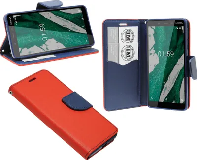 Produktbild von cofi1453® Buch Tasche "Fancy" kompatibel mit NOKIA 1 PLUS Handy Hülle Etui Brieftasche Schutzhülle mit Standfunktion, Kartenfach Rot-Blau