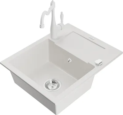 Produktbild von Mexen Enzo 1 Becken-Granitspüle mit Abtropffläche und Mischbatterie Carla, Weiß - 6506-20-670700-20