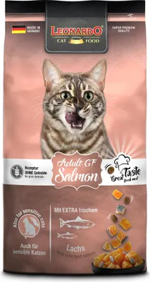 A bag of Leonardo Adult Salmon GF cat food with a cat image and product details.