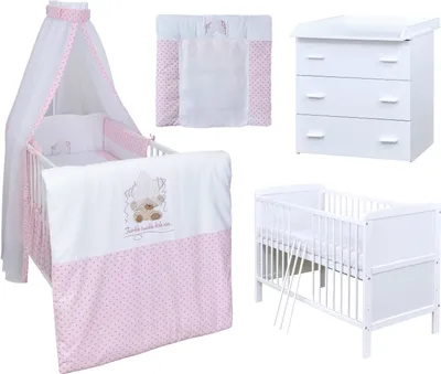 Produktbild von Baby-Delux Babyzimmer Babybett Wickelkommode Weiss Bettwäsche Komplett Set Twinkle Star Rosa