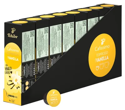 Produktbild von Tchibo Cafissimo Espresso Vanilla Kaffeekapseln, 80 Stück – 8x 10 Kapseln (Espresso, aromatisch mit feiner Vanillenote), nachhaltig & fair gehandelt, Limited Edition
