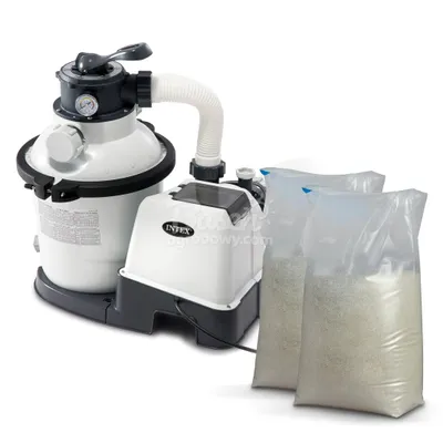 A pool sand filter pump with two bags of sand, shown against a white background.