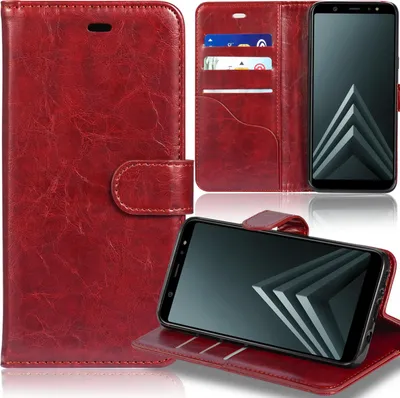 A collage of images showing a red wallet bookstyle case for a Samsung Galaxy A8 Plus (2018) phone.