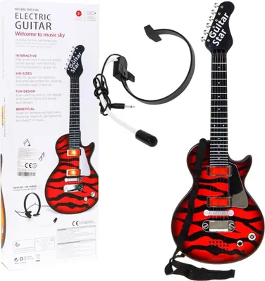 Produktbild von E-Gitarre für Kinder ab 3 Jahren aus rotem Holz + Kopfhörer mit Mikrofon + Soundeffekte