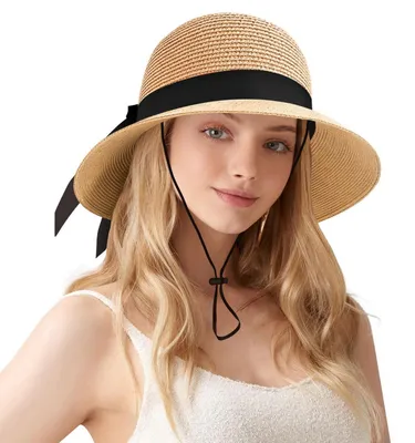 Immagine prodotto di Cappello da sole da donna, in paglia, ideale per l'estate, con protezione UV, da indossare in spiaggia, pieghevole, color kaki, taglia unica