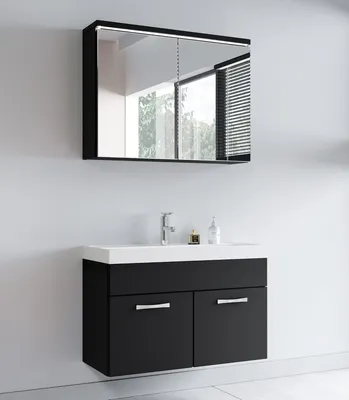 Produktbild von Badezimmer-Set – Badezimmermöbel – Waschtischmöbel – Waschtischschrank – Spiegelschrank – Matt Schwarz
