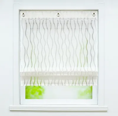Produktbild von Raffrollo mit Hakenaufhängung Voile Raffgardinen ohne Bohren Ösenrollo mit Wellenstreifen Weiß HxB 140x80 cm