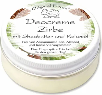 Produktbild von Florex Deocreme Zirbe 40 ml mit Sheabutter und Kokosöl - ohne Konservierungsmittel - zarter, charakteristischer Zirbenduft