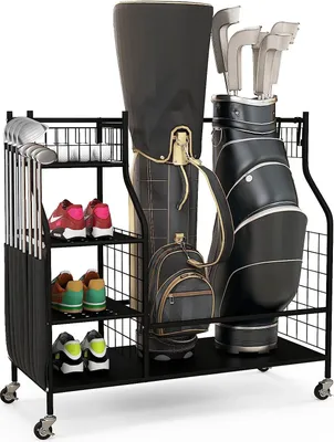 Produktbild von GOPLUS Golftaschen-Organizer, Golf-Organizer mit feststellbaren Rädern für 2 Golftasche & 8 Golfschläger, Aufbewahrungsregal mit 1 Korb, 3 Ablagen & 4 Haken