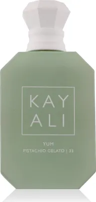 A product shot of a green perfume bottle with a white cap.