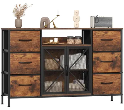 Image de Commode Zimilo avec 6 tiroirs en tissu et portes en treillis, 120x75x30 cm, meuble de rangement de style industriel, idéal pour le salon et l'entrée, finition marron rustique