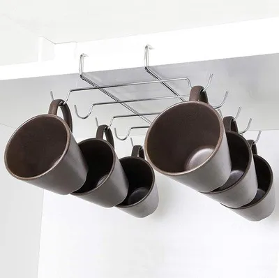 Image de Support mural pour tasses Unyqoos® – pour jusqu'à 10 tasses, en acier chromé de 4 mm, dimensions 28 x 5 x 22 cm, revêtement en plastique antidérapant, installation sans perçage