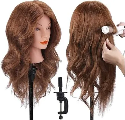 Produktbild von Frisierkopf, 18 Zoll Übungskopf  Echthaar Haar Friseur Übungskopf Praxis Schaufensterpuppen Puppenkopf mit Klemme + DIY Haare Frisuren Set