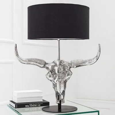 Produktbild von cagü: Design Tischlampe Stierkopf RODEO Schwarz & Silber aus Aluminium 68cm Höhe