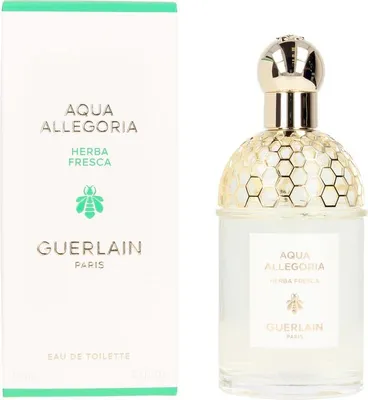 A product shot of Guerlain Aqua Allegoria Herba Fresca perfume bottle and its packaging.