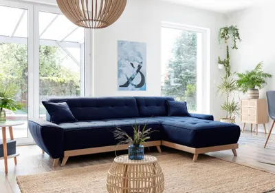 Image de MIUFORM Dazzling Daisy - Canapé d'angle avec fonction lit et coffre de lit Canapé avec chaise longue réversible - 260x164cm - Bleu marine - Canapé-lit Canapé
