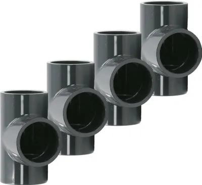 Produktbild von HAF 4x PVC Fittings T-Stück 90° mit 63mm | Klebemuffe x Klebemuffe x Klebemuffe | Verbinder aus grauem PVC-U | PN16 für PVC Rohr und Poolverrohrung