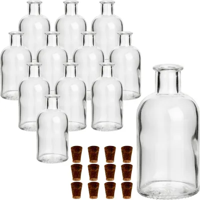 Immagine prodotto di set di 12 bottiglie in vetro 100 ml rotonde da farmacia con tappo in sughero (SK) - Bottiglia piccola in vetro da 0,1 litri per liquore, olio, aceto, decorazione