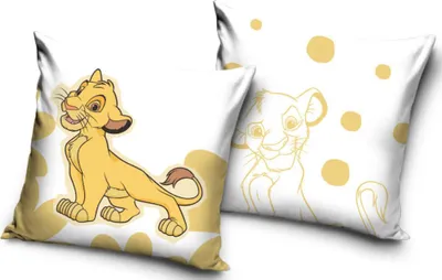 Two pillows with a cartoon lion cub design, one in full color and the other in outline, against a white background with yellow polka dots.