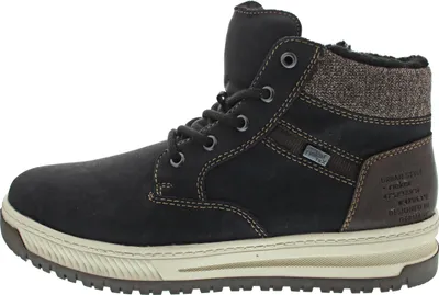 A side view of a black men's boot with brown accents and a white sole.