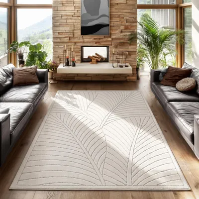 Produktbild von SIMPEX Kurzflor Teppich 240x340 cm XL Creme Wohnzimmer, Schlafzimmer, Küche, 3D Hoch-Tief-Effekt, Skandinavisch Boho Motiv, für Outdoor Bereich geeignet Terrassen oder im Balkon, KI-generiertes Bild