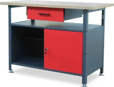 Produktbild von Werkbank mit Arbeitsplatte Werktisch mit Schublade Abschließbares Fach Verstellbare Füße Belastbar bis 400 kg Metall 120 cm x 60 cm x 85 cm Farbe: Anthrazit-Rot