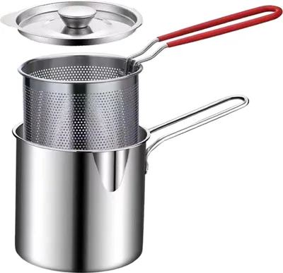 Produktbild von Bratpfanne aus Edelstahl, kleine Bratpfanne, integrierter Filterkorb, vielseitiger Kochtopf zum Braten von Pommes Frites, Chicken Wings, Rindfleischbällchen