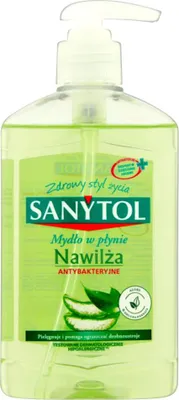 A clear product shot of a bottle of Sanytol hand soap with aloe vera.
