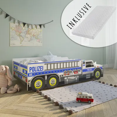 Image de Lit de voiture Lit d'enfant Lit d'adolescent 80x160 cm avec protection contre les chutes et matelas | Voiture de police Policier Enfants Lit de jeu