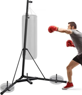 Zdjęcie produktu dla Czarna kolumna bokserska o nośności 60 kg, stalowa rama, wysokość 182–230 cm, do ćwiczeń fitness i sportów walki