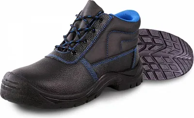 A black safety boot with blue stitching and blue lining, shown with its sole separately.